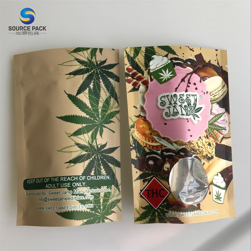 Eco Friendly Kraft Paper Stand Up Pouch Custom Printed Ziplock Edible Packaging Bags with Window for Cookies Chocolate