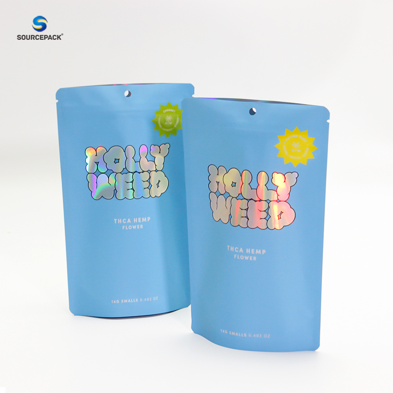 Holographic THC Flower Weed Packaging With Child Resistant Zipper